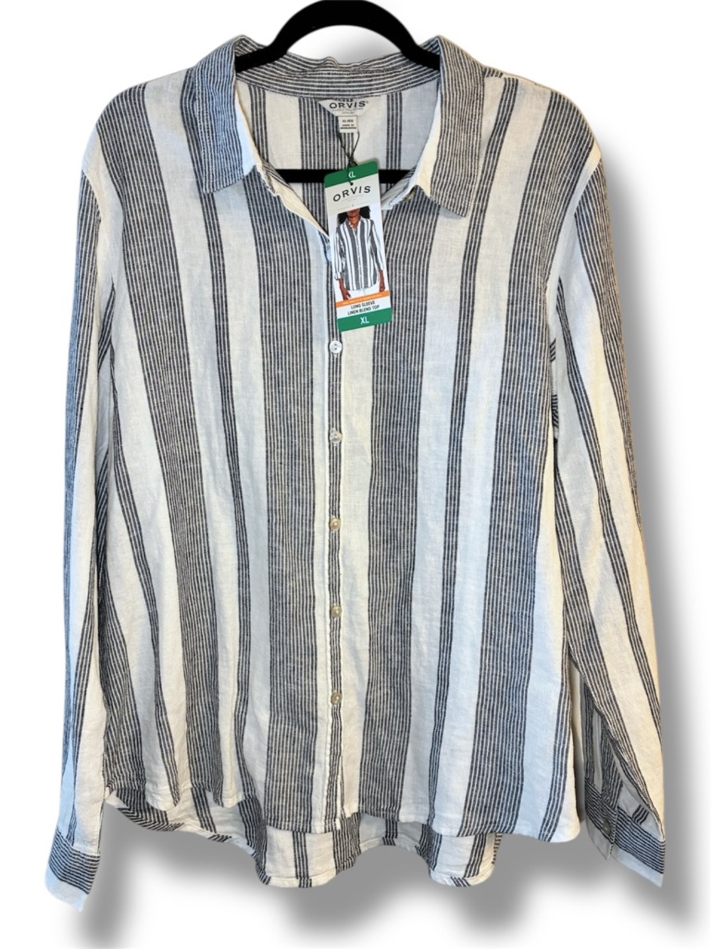 🌿 Orvis Linen Blend Button Down Shirt XL Striped Roll Tab Sleeve NWT